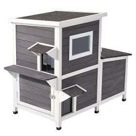 Outdoor Cat House, 2-Story Wooden Cat Shelter for 3 Outside Cats in Winter, Elevated Feral Kitty Shelter with Stairs, Clear Window & Flap Doors