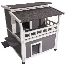 Insulated Cat House, 2-Story Wooden Cat Shelter, Foam Insulation, Feral Kitty Shelter with Balcony